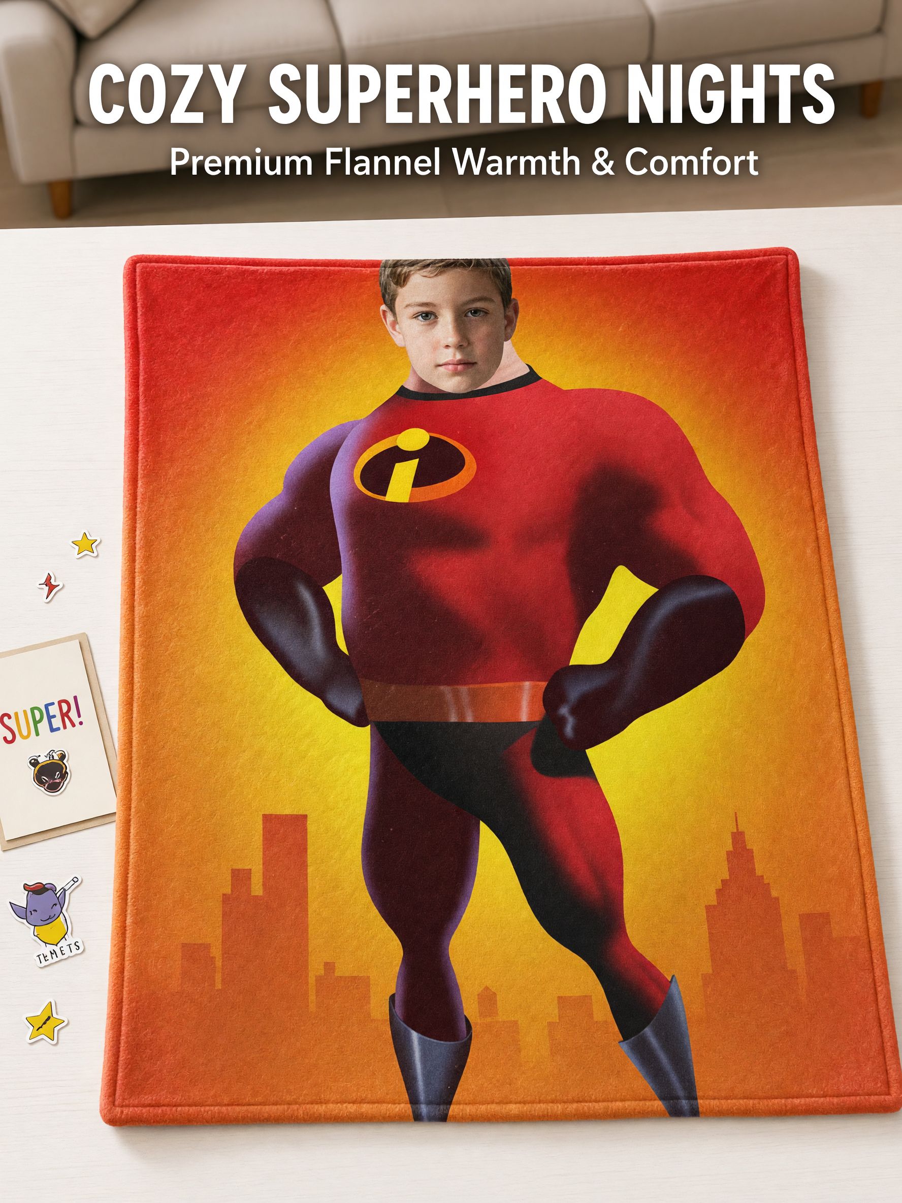 Custom Face Superhero Flannel Blanket, Personalized Photo Cutout Throw Fleece for Kids and Adults, Ideal Birthday Gift