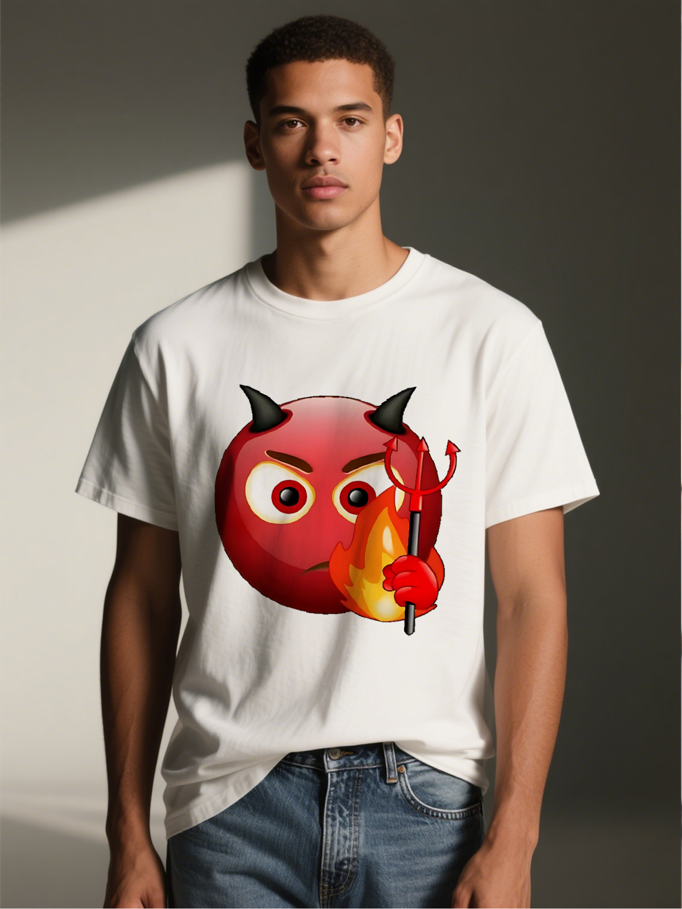 Men's Devil Emoji Print T-Shirt with Horns and Trident Flame Design Casual Round Neck Summer Lightweight Breathable Short Sleeve Tee for Fun Party Wear, Trendy Streetwear for Young Adults