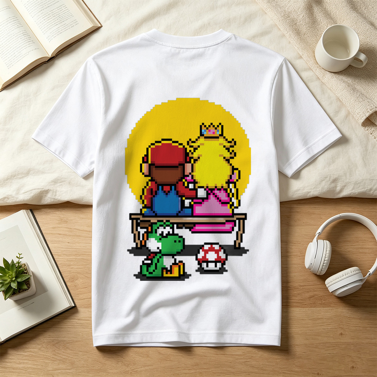 Mario and Peach Pixel Art with Yoshi and Mushroom - Tee