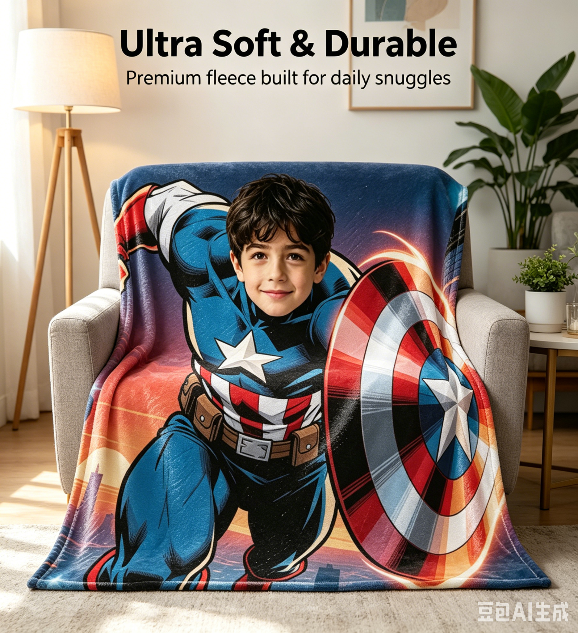 Personalized Captain America Custom Face Blanket | 280G Flannel Fleece Superhero Throw Blanket for Kids Boys Birthday Gift