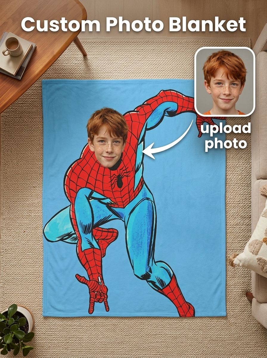 Custom Face Superhero Flannel Blanket Personalized Photo Throw Soft Plush Warm Fleece Bedding Gift for Kids and Adults