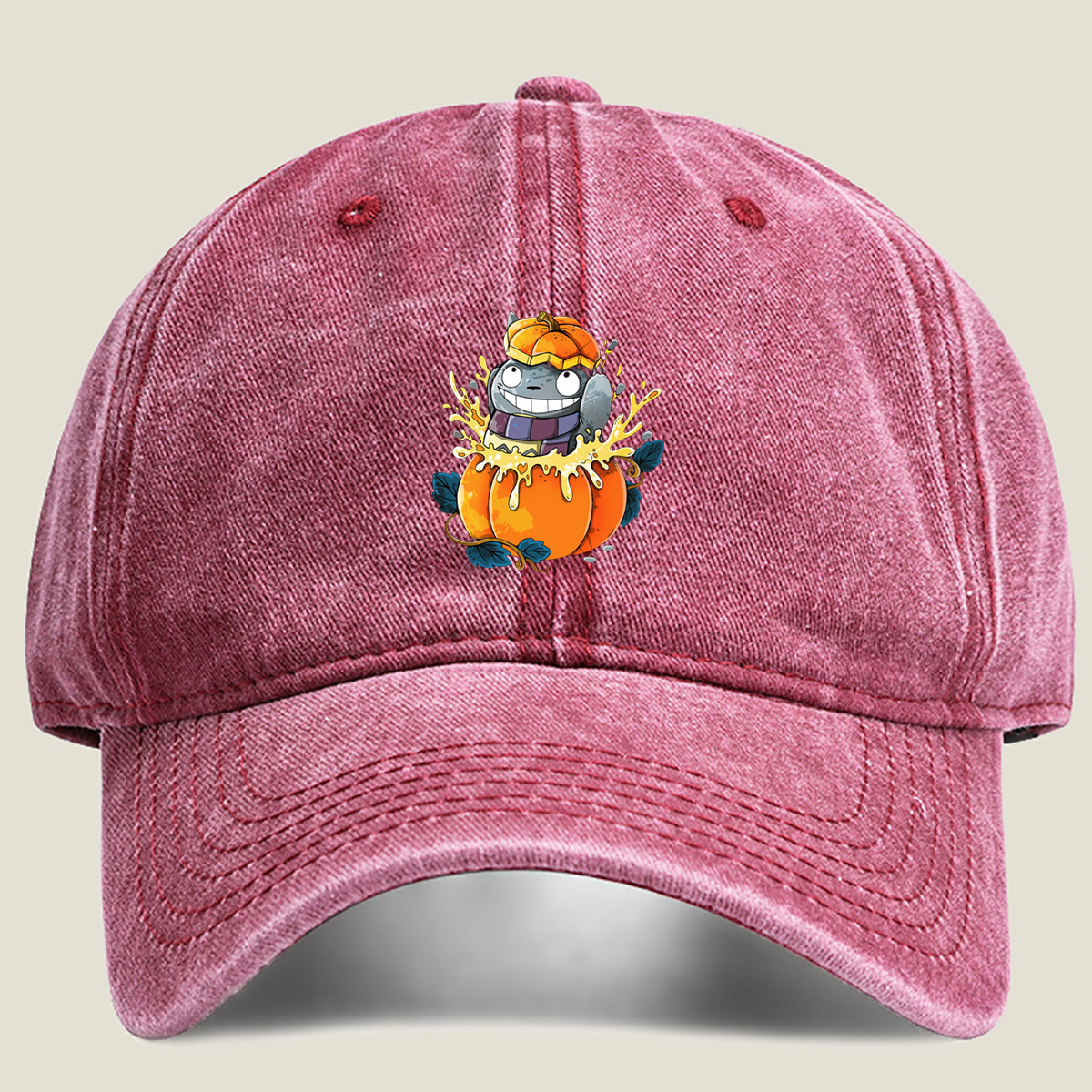 Pumpkin Cat in a Jack-o'-Lantern - Washed Denim - Baseball Cap