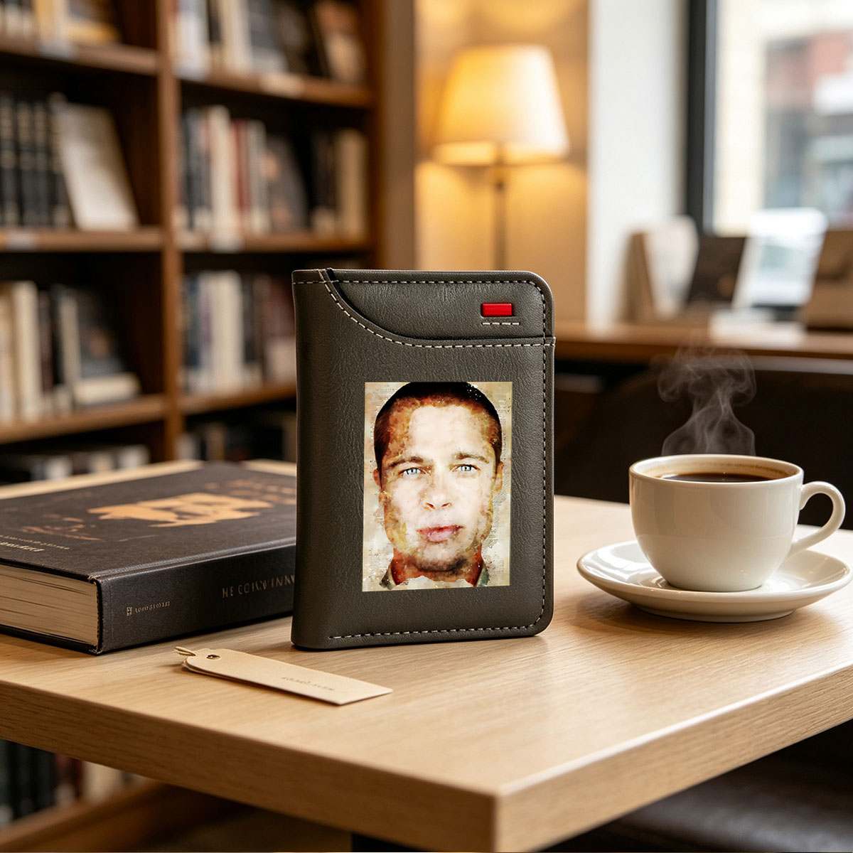 Brad Pitt Watercolor Portrait with Textured Background - Vertical Style Wallet