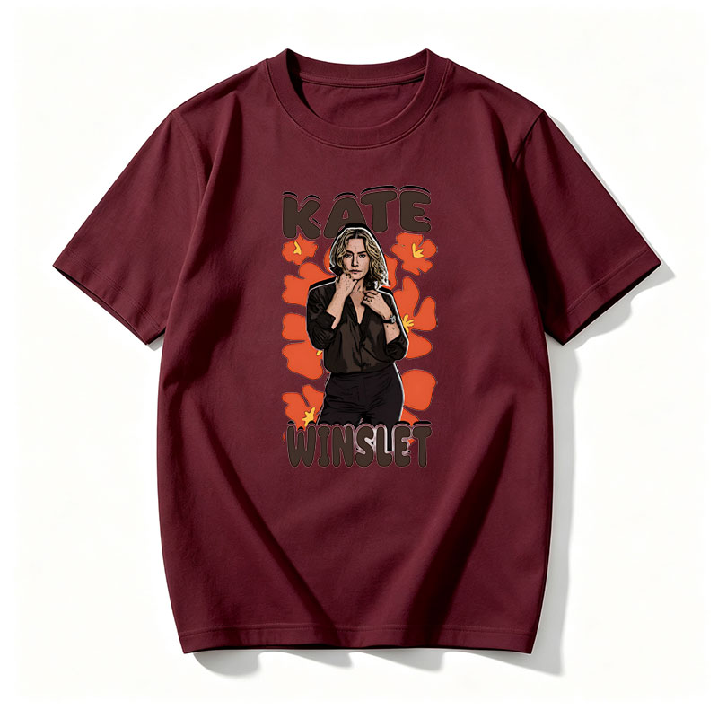 Kate Winslet in a stylish black outfit with floral background - Tee