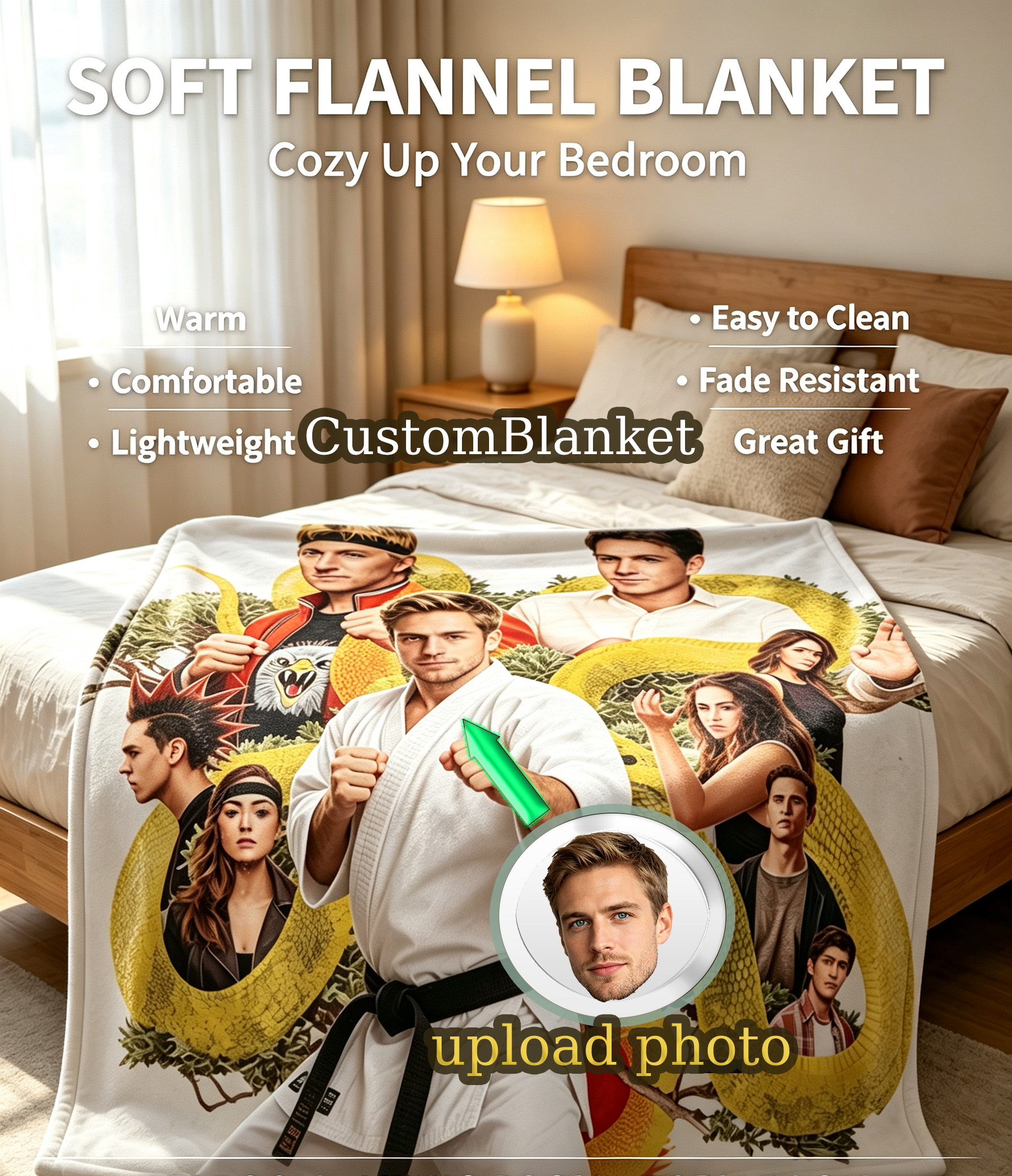 Custom Face Blanket - Cobra Kai Karate Kid Inspired Flannel Blanket for Fans, Perfect for Couch Cozy Nights and Birthday Gift Ideas