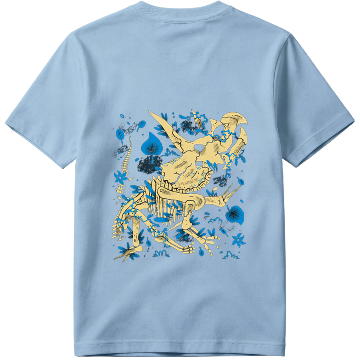 Triceratops Skeleton with Blue Leaves - Tee