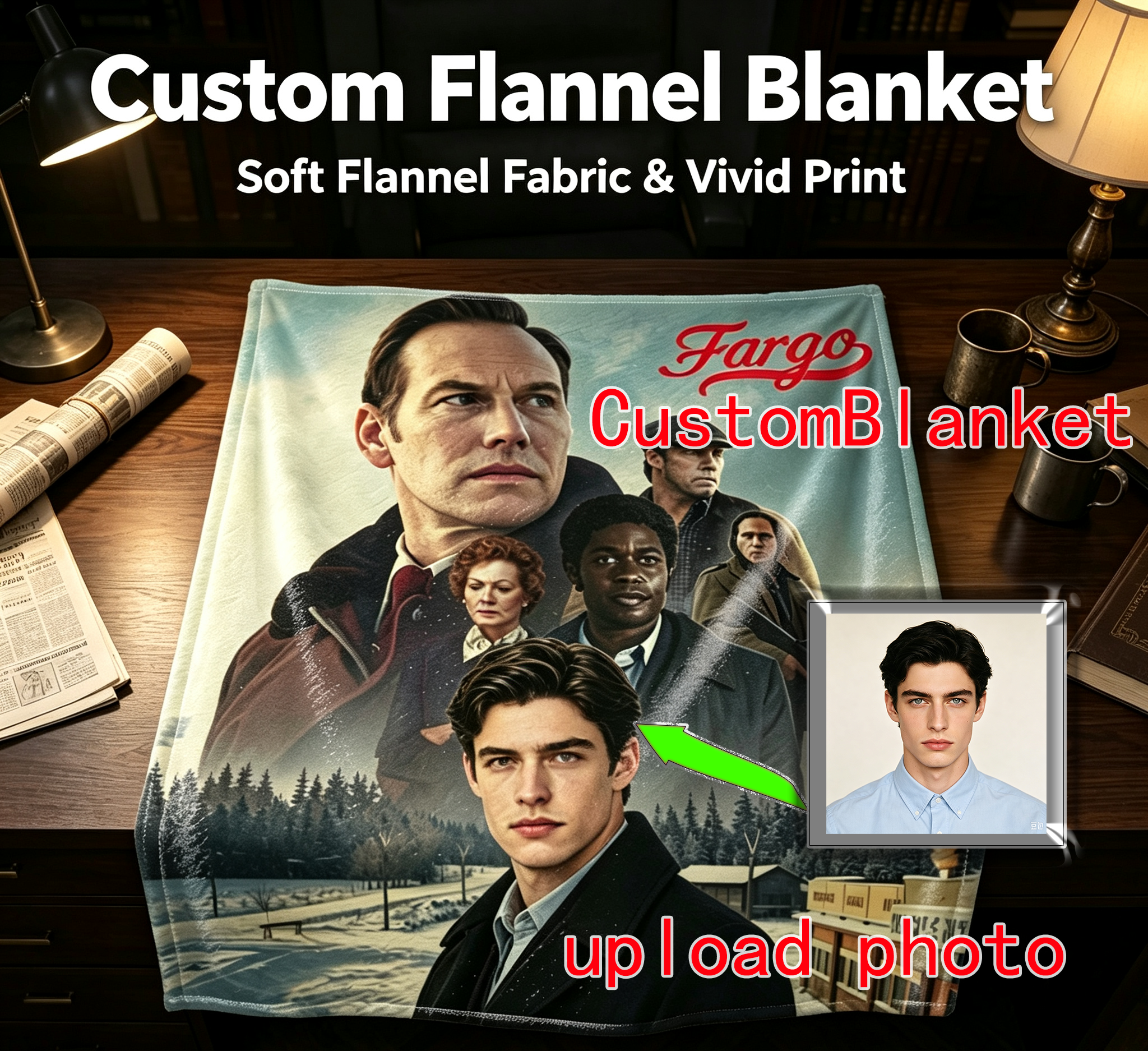 Custom Face Blanket Fargo Movie Characters Flannel Blanket Cozy Winter Gift for Fans and Collectors