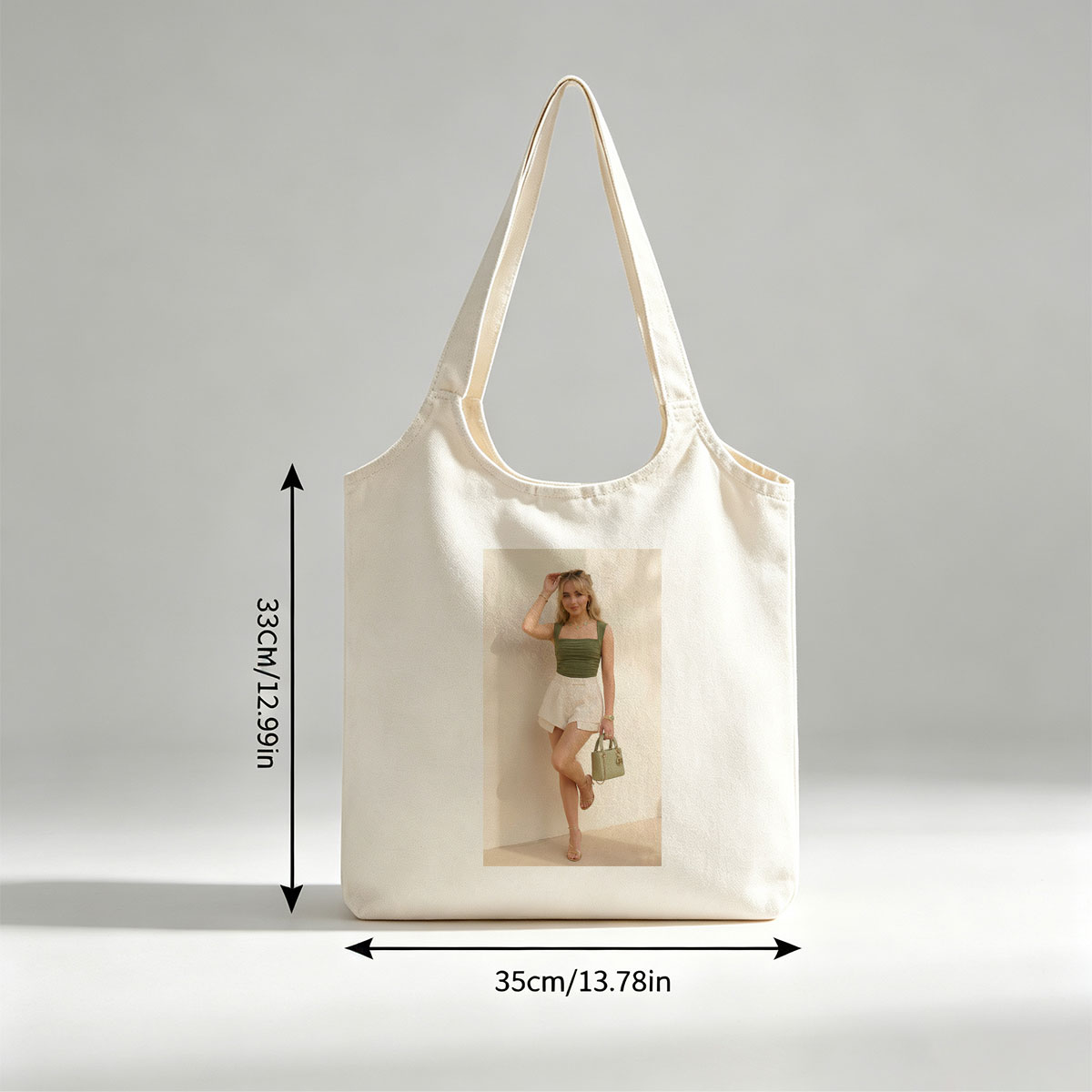 Sabrina Carpenter in a stylish summer outfit featuring a green ruched top and white shorts, accessorized with a matching handbag and gold heels. - Canvas shoulder bags/