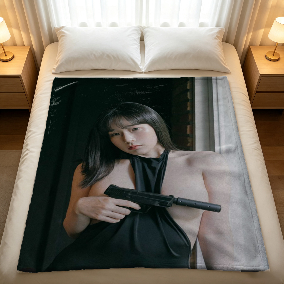 Asian woman in pink camisole and shorts sitting on bed - Blanket