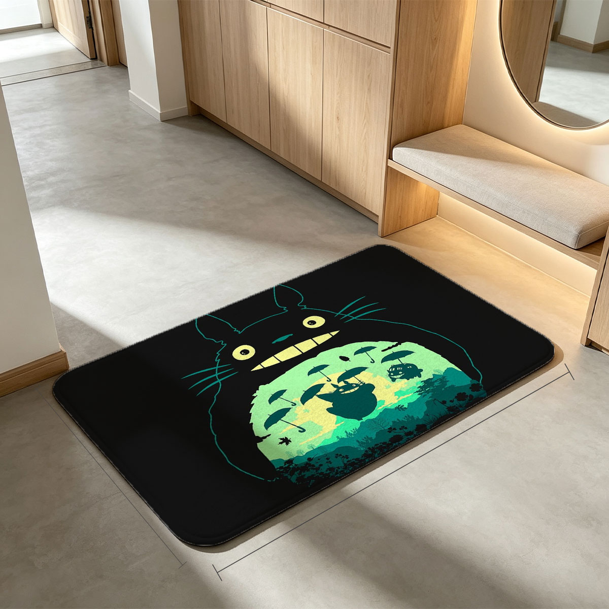 Totoro and Friends Under Umbrellas in a Magical Forest Scene - Flannel floor mat