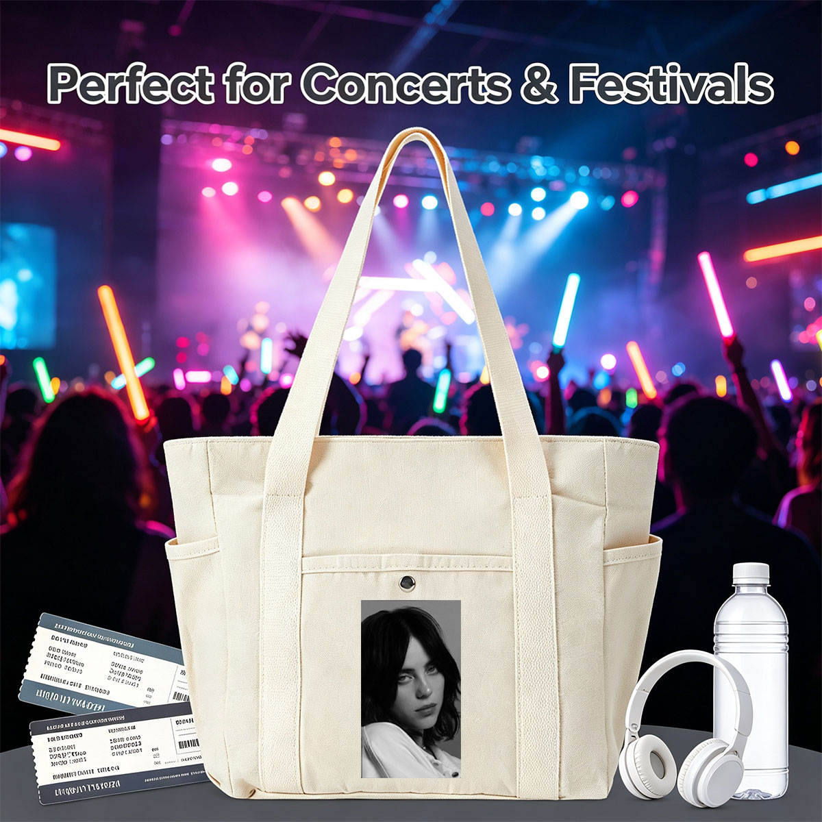 Billie Eilish in a Monochrome Portrait Wearing a White Shirt with a Delicate Necklace - Multi-pocket bags