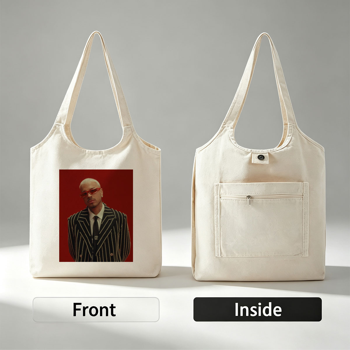 J Balvin in a Striking Red-Background Portrait Wearing a Glittering Black Suit and Red Sunglasses - Canvas shoulder bags/