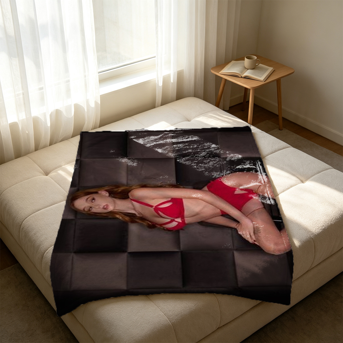 Two women in intimate pose: brunette in tight purple leather dress touching redhead in pink babydoll lingerie. - Blanket