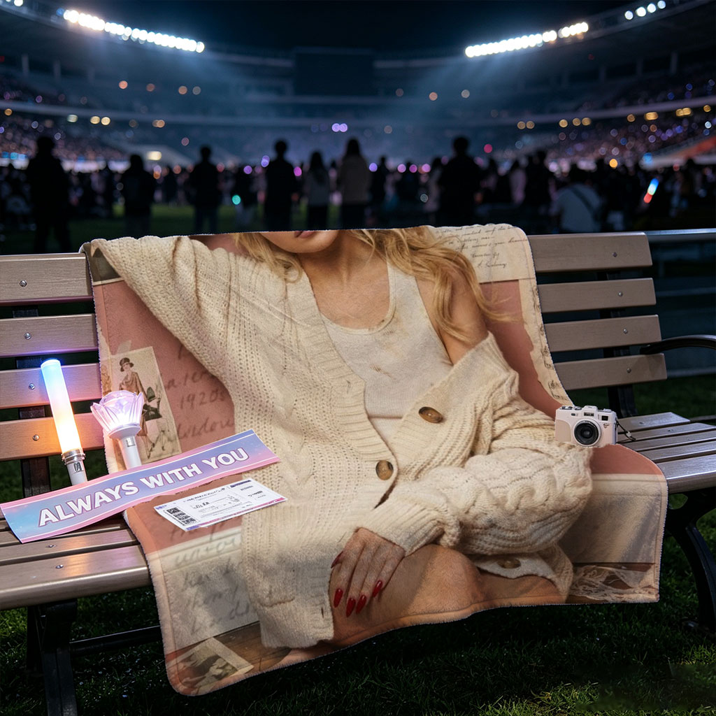 Sabrina Carpenter Sitting on Floor in Cozy Knit Cardigan Against Pink Wall with Vintage Photos and Letters - Blankets