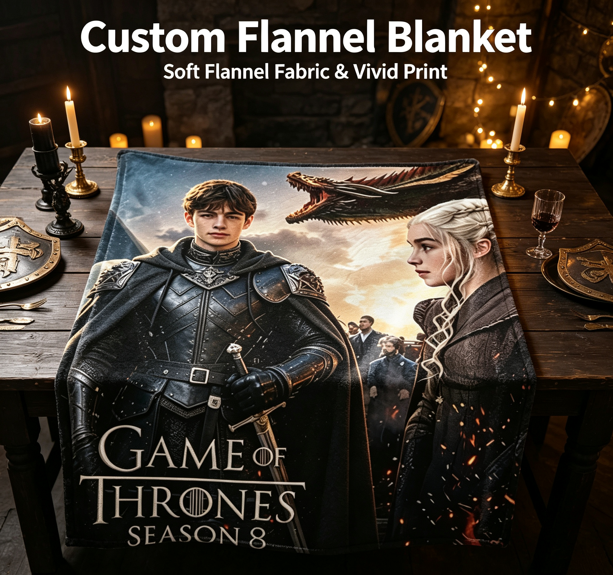Custom Face Blanket Game of Thrones Season 8 Flannel Blanket for Couch, Bed, or Travel – Perfect Gift or Giveaway for Fans