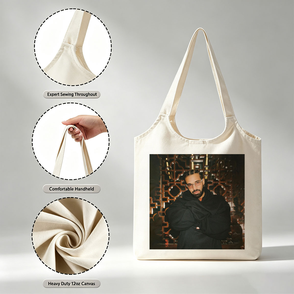 Drake in a Stylish Pose Against an Ornate Background Wearing Glasses and a Black Hoodie - Canvas shoulder bags/