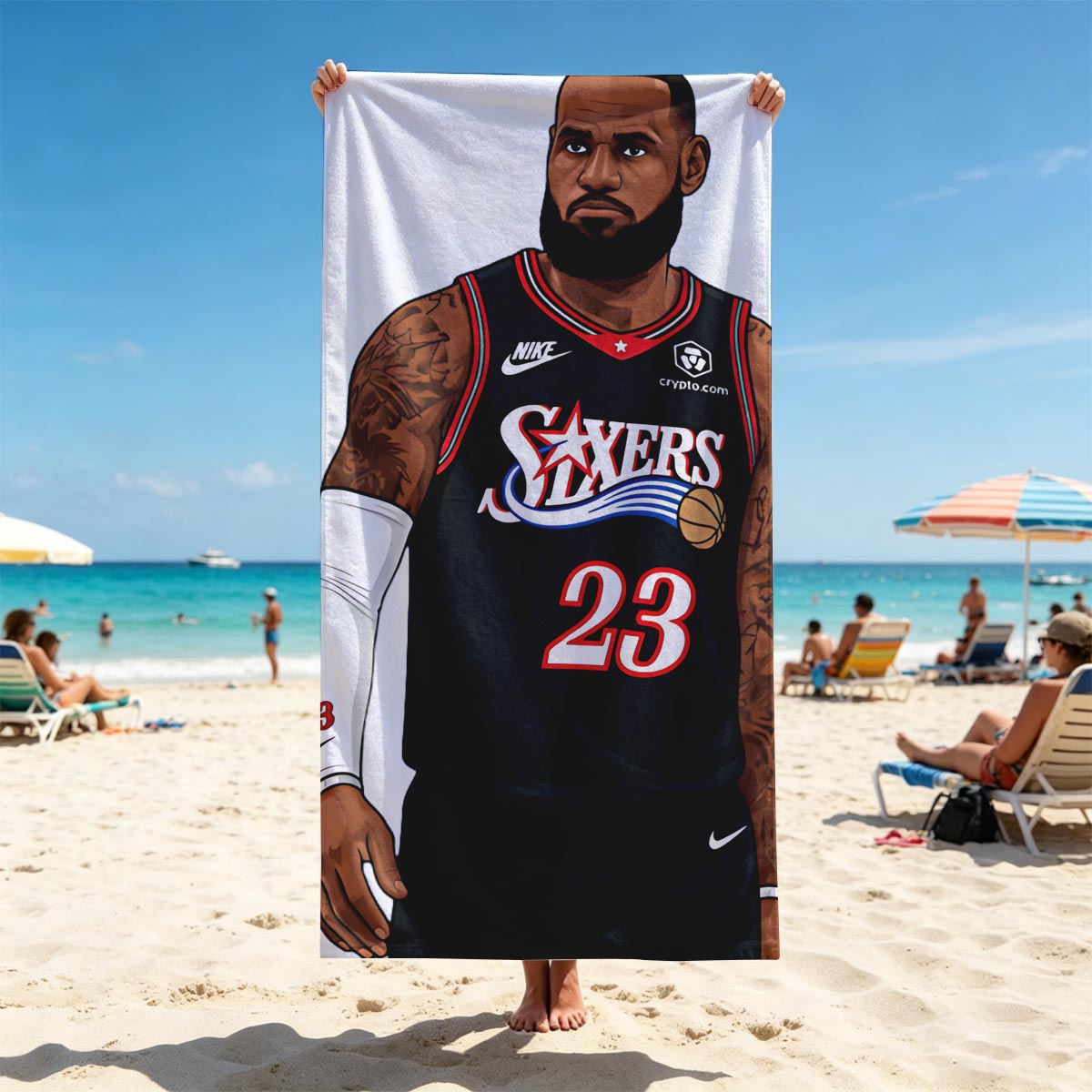 LeBron James in Philadelphia 76ers Jersey, #23, Nike Uniform, Crypto.com Sponsorship - Beach towels