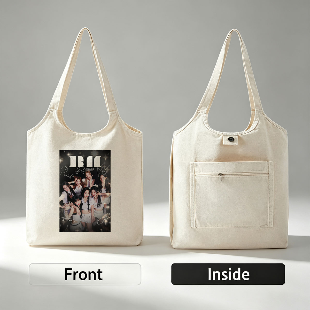 BABYMONSTER Group Photo with Members in Coordinated Outfits and Signatures on a Sparkling Background - Canvas shoulder bags/