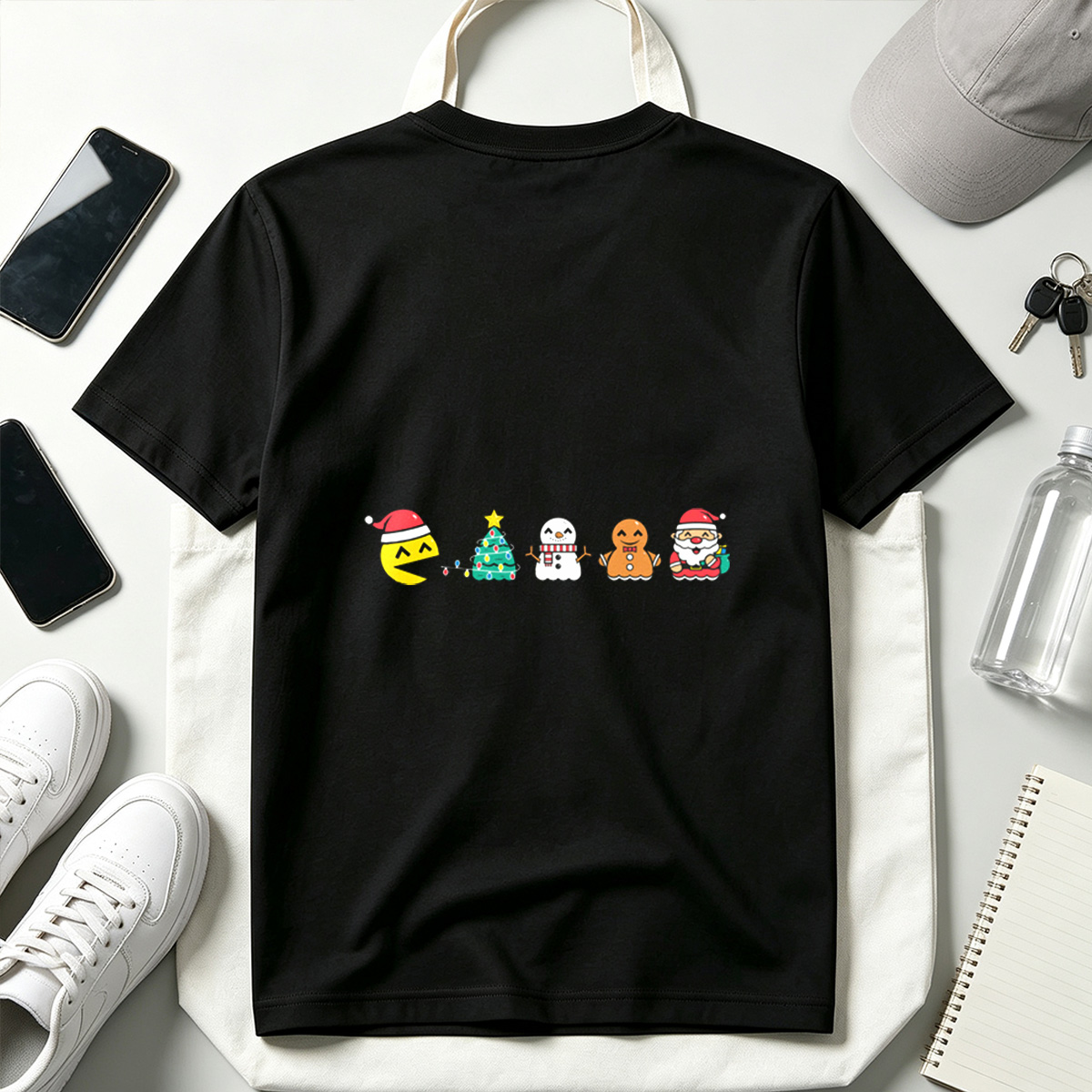 Pac-Man Christmas Characters: Pac-Man, Christmas Tree, Snowman, Gingerbread Man, Santa Claus - Tee