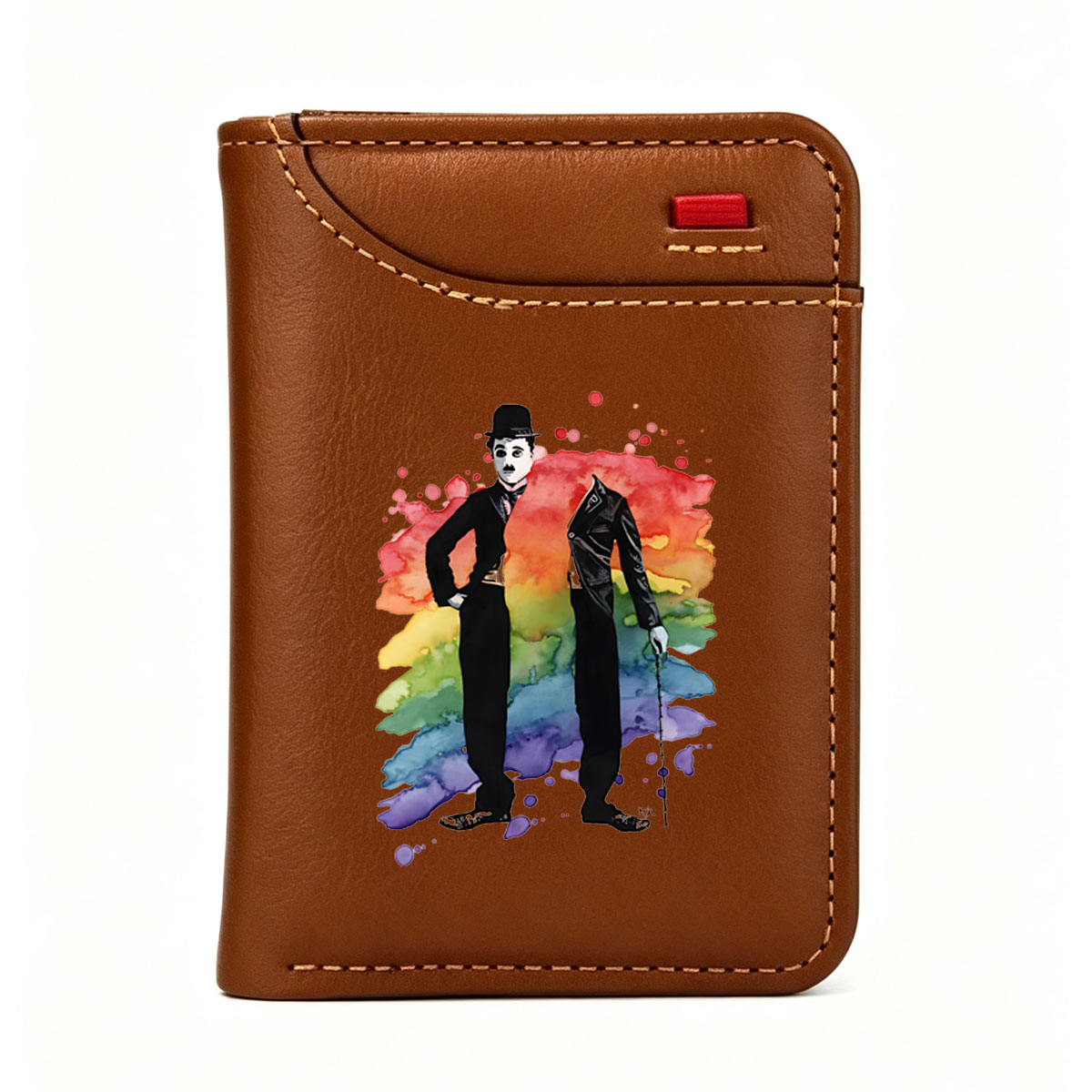 Buster Keaton and a Dapper Gentleman in a Rainbow Watercolor Background - Vertical Style Wallet