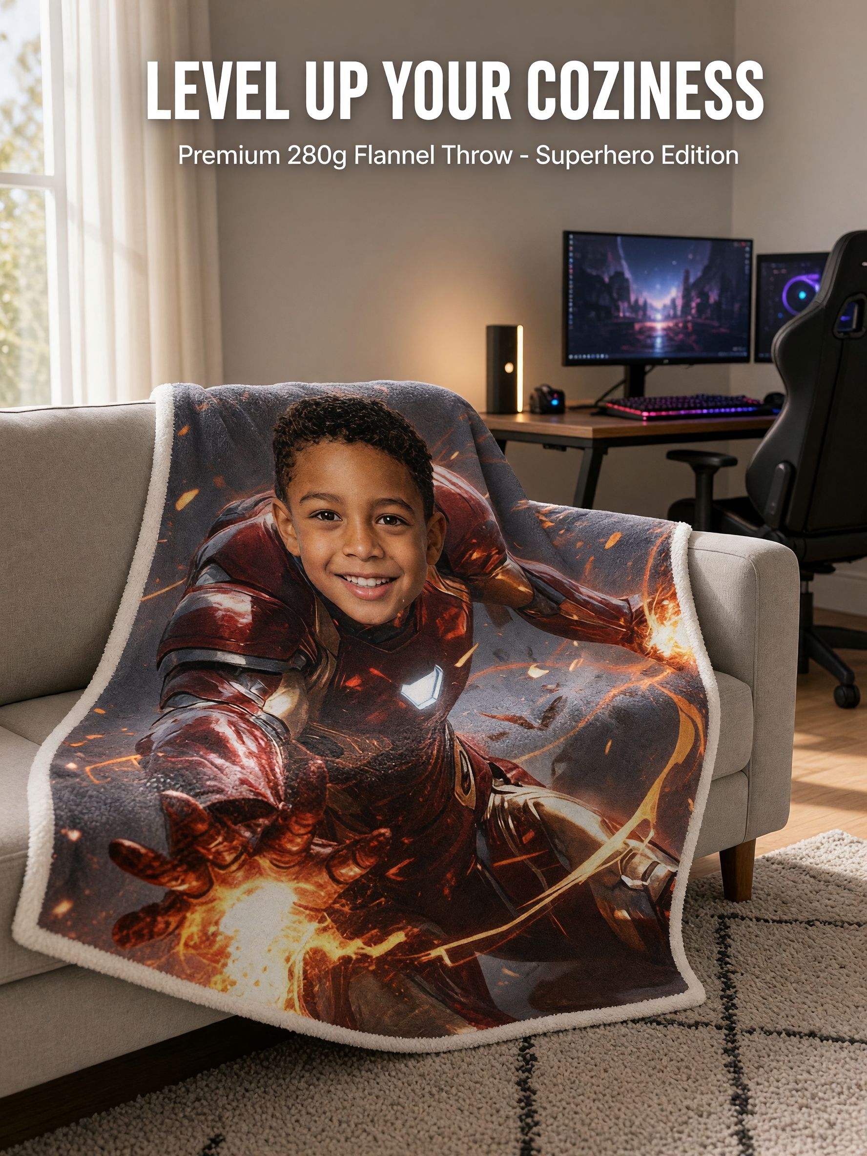 Custom Face Photo Blanket Personalized Superhero Flannel Fleece Throw Soft Skin-Friendly Ideal Gift for Bed and Couch