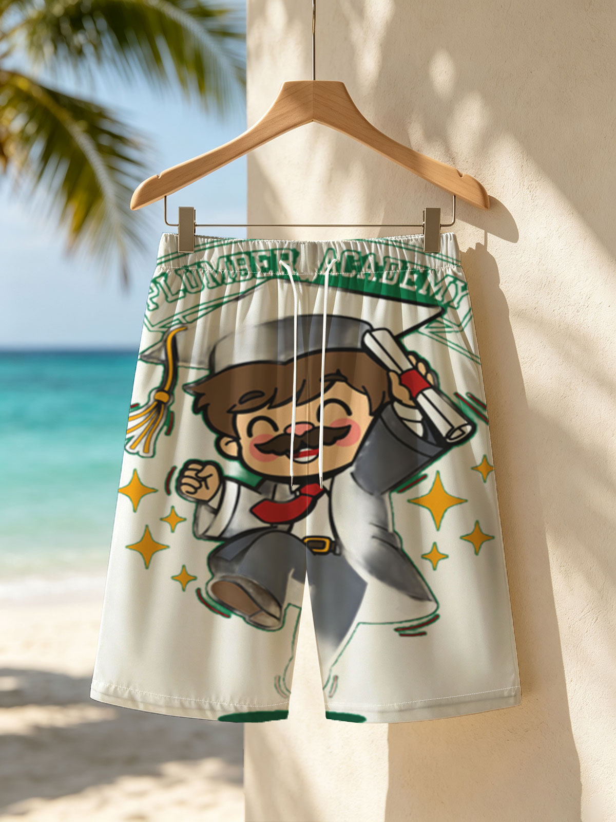 Plumber Academy Graduate Celebrates with Diploma -  Beach shorts