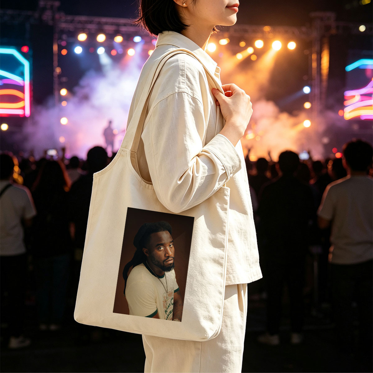 Burna Boy in a Stylish Portrait Wearing a White T-Shirt and Beaded Necklace - Canvas shoulder bags/