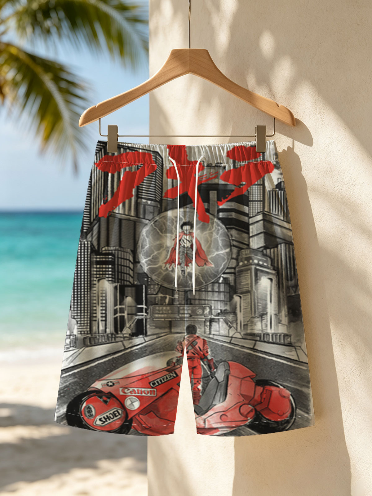Akira: Neo-Tokyo Rider on a Red Motorcycle with a Floating Figure in a Thunderous Sphere -  Beach shorts