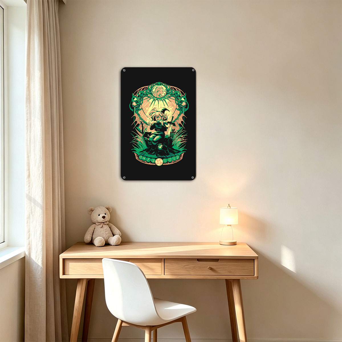 Link from The Legend of Zelda, wielding sword and shield, framed by ornate green design with Triforce symbols - painting