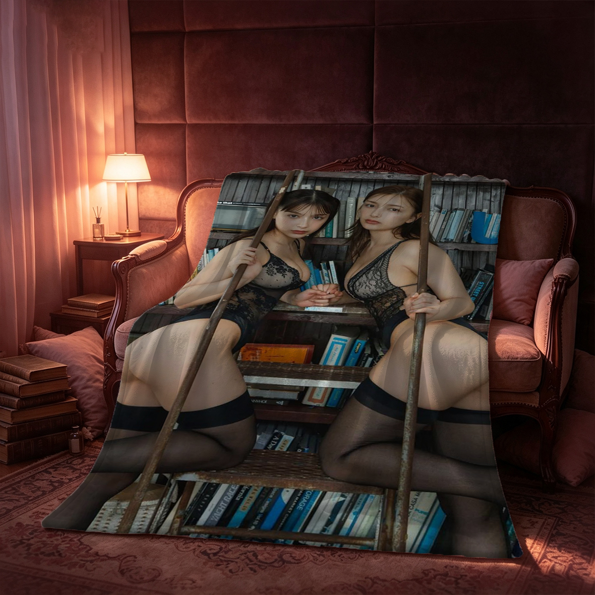 Blonde woman in lingerie eating chocolate cookie with teacup - Blanket
