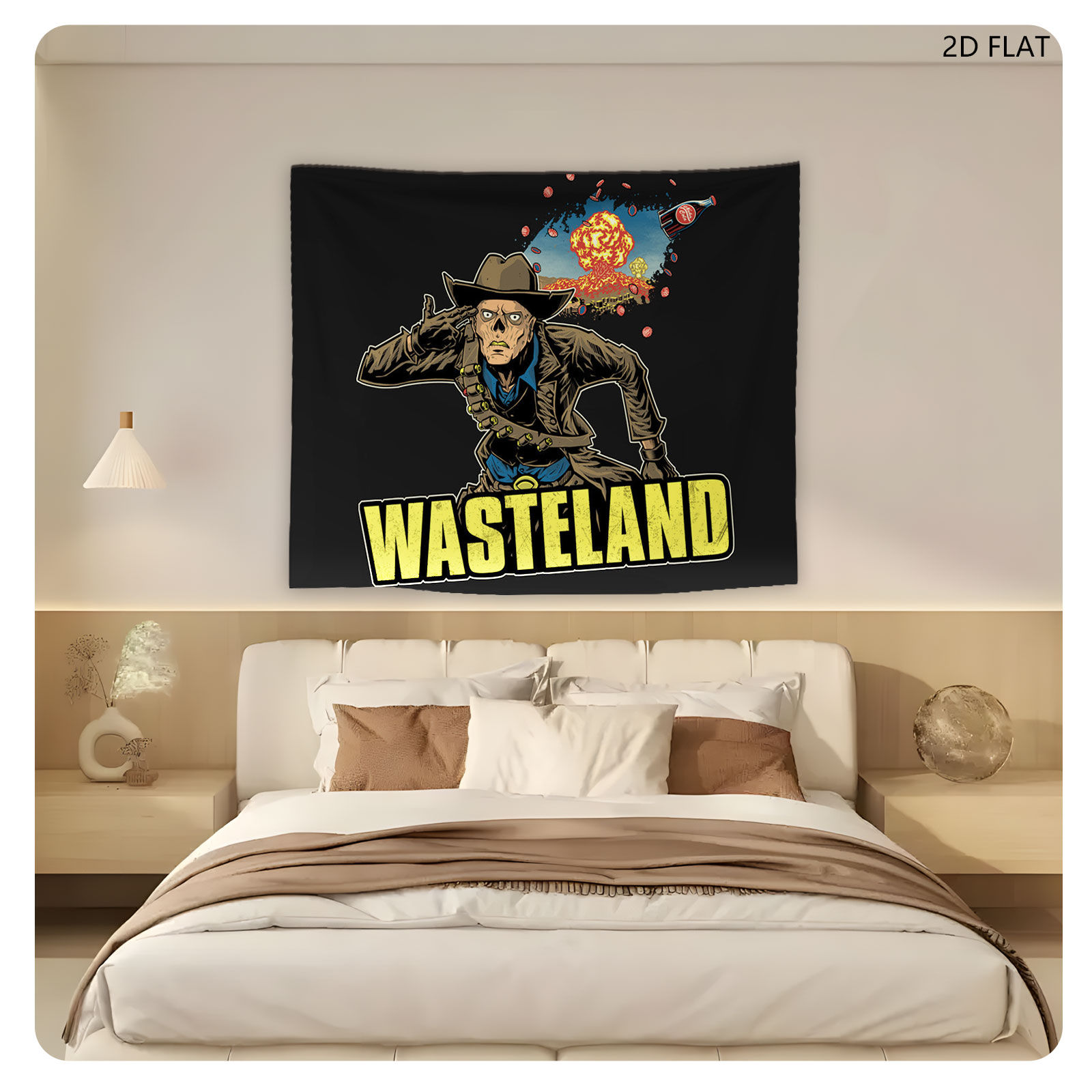 Wasteland: Cowboy in Post-Apocalyptic Desert with Explosion and Bottle - Tapestry
