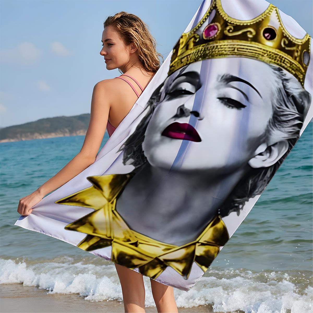 Madonna as Queen: Golden Crown and Regal Attire - Beach towels