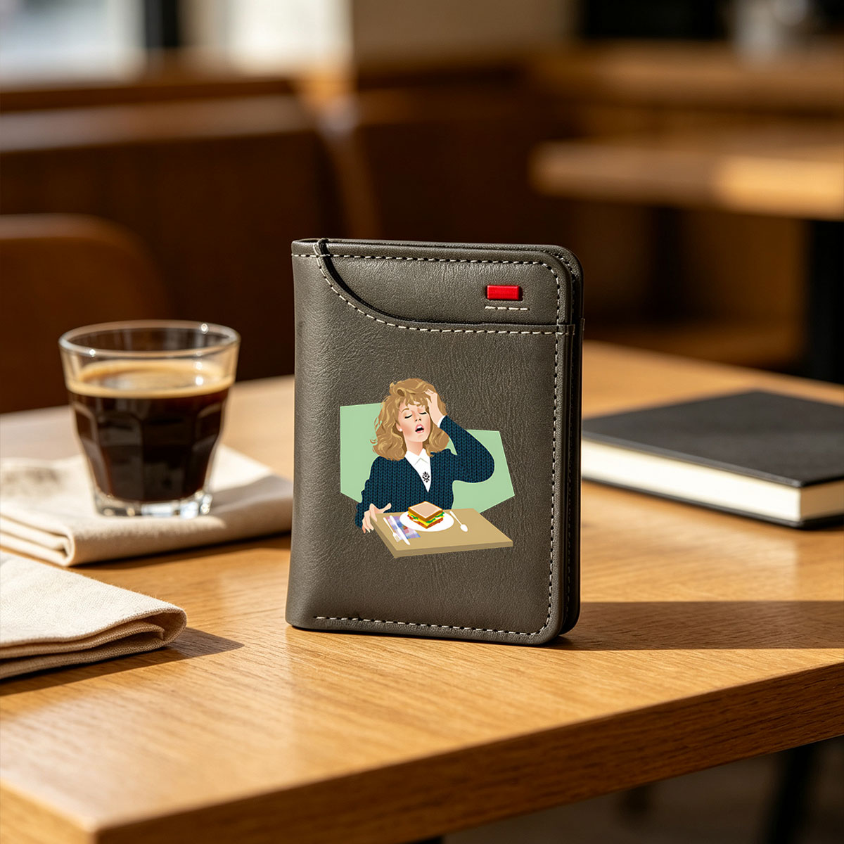Woman in Blue Sweater with Sandwich on Tray - Vertical Style Wallet