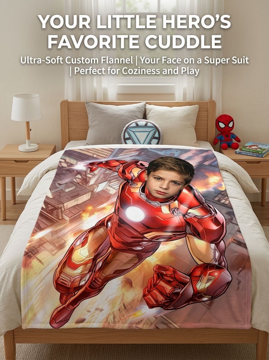 Personalized Photo Superhero Flannel Throw Blanket Soft Cozy Fleece Bed Couch Wrap Custom Face Keepsake Gift for Kids