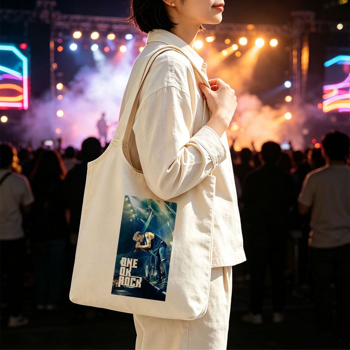 ONE OK ROCK Live Performance on Stage with Dynamic Lighting and Energetic Crowd - Canvas shoulder bags/