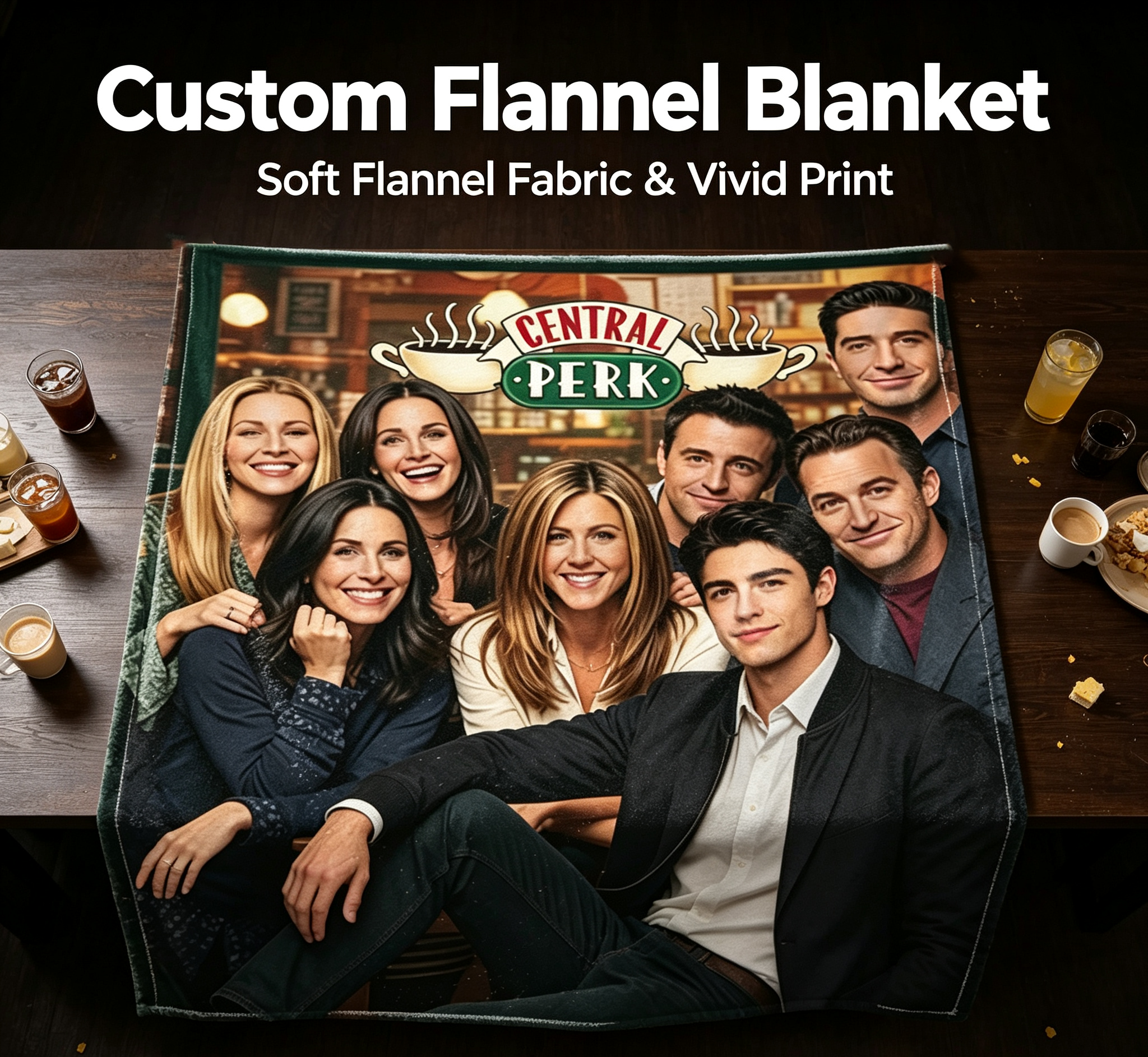 Custom Face Blanket Friends TV Show Central Perk Flannel Blanket Cozy Living Room Gift for Fans and Collectors