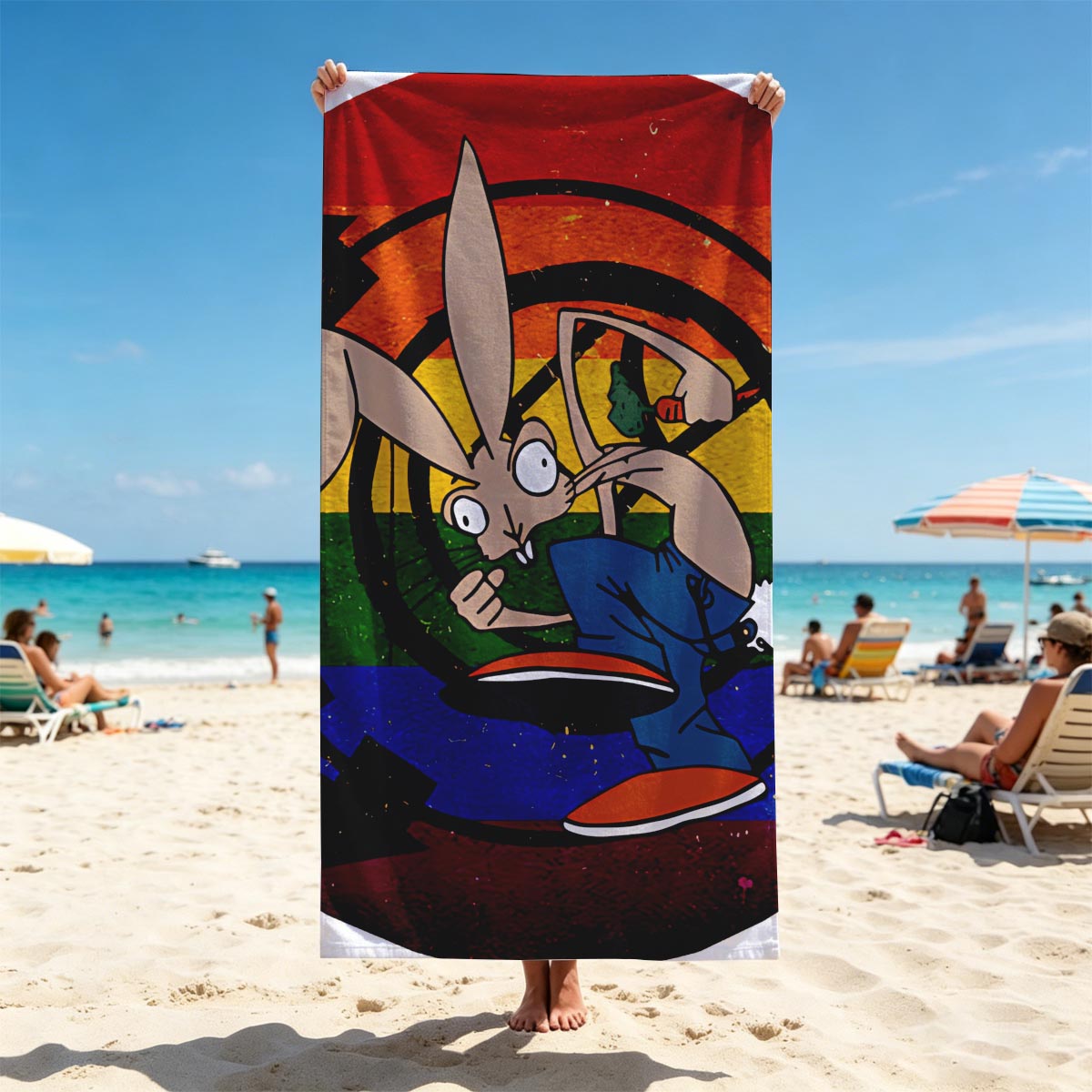 Bugs Bunny in Action: Classic Cartoon Character with Rainbow Background - Beach towels