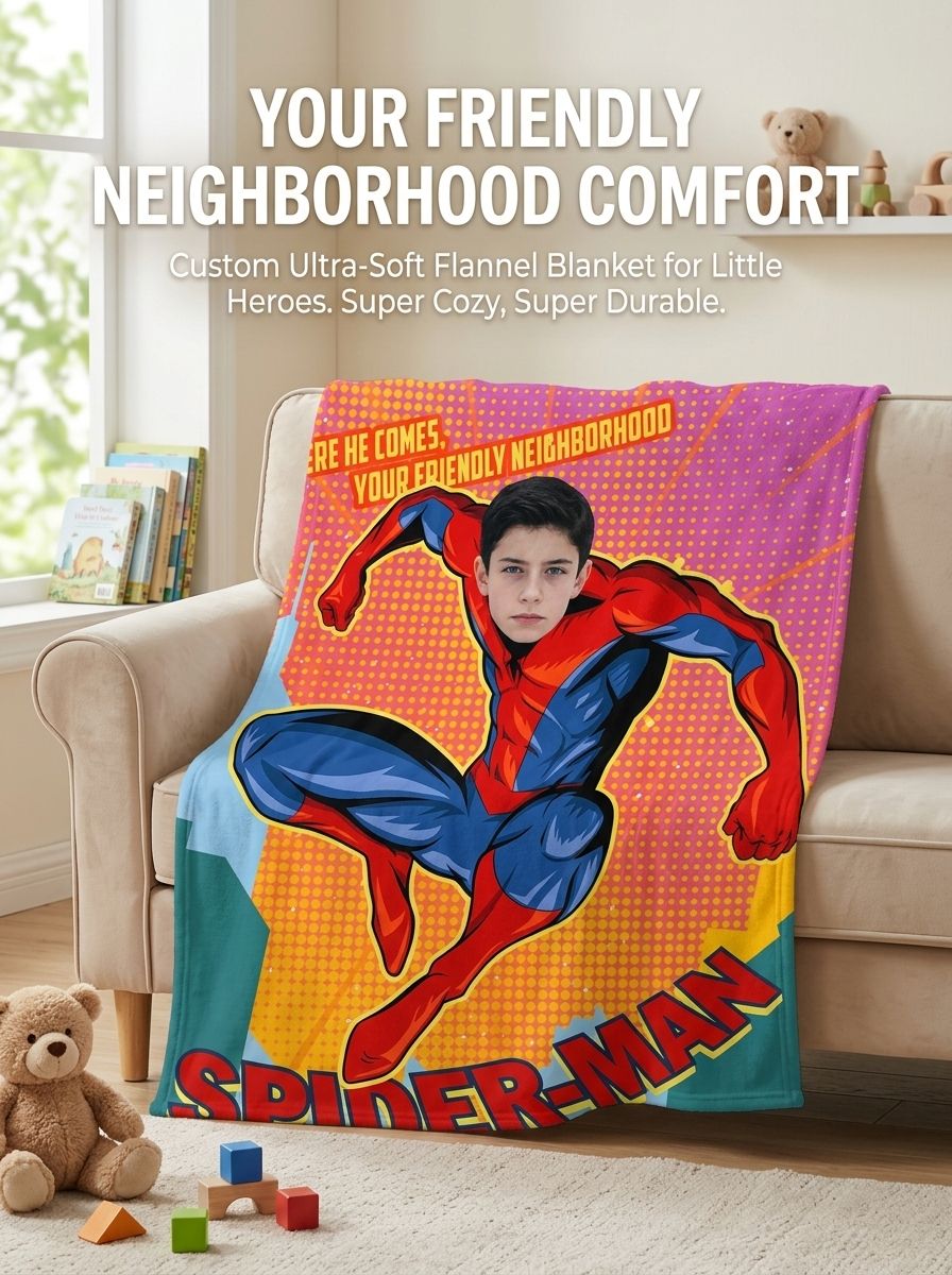 Custom Face Superhero Comic Flannel Blanket Personalized Photo Throw for Kids Boys Room Decor Soft Warm Gift