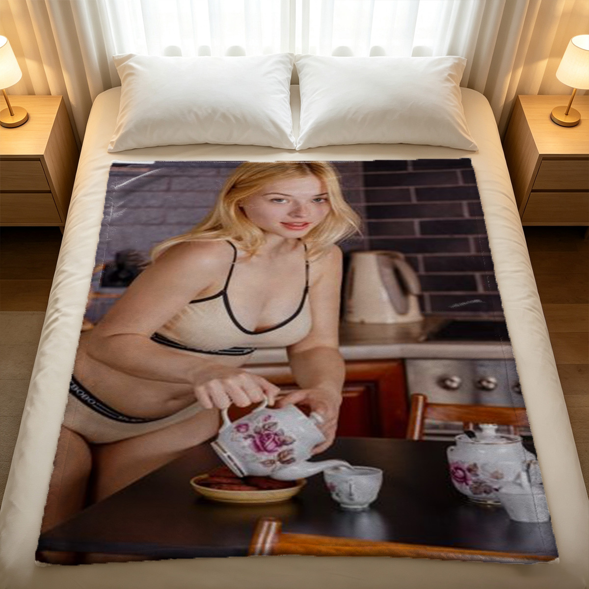 Blonde Woman in White Lingerie Posing by Window in Bright Room - Blanket