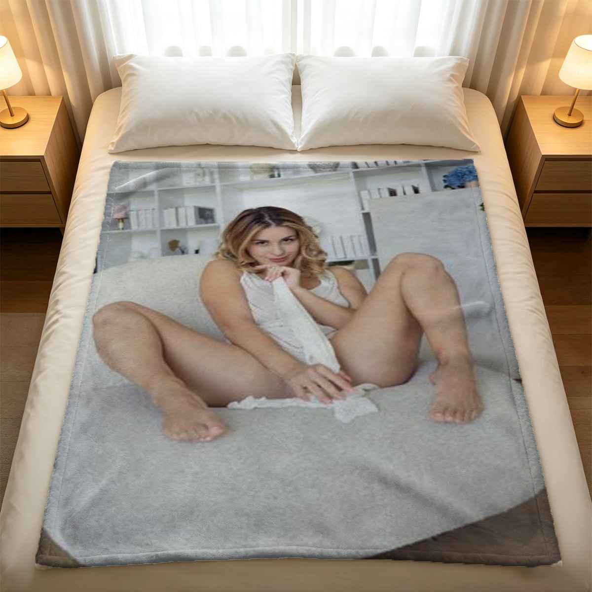 Margot Robbie as a glamorous maid dusting furniture in a luxurious room. - Blanket