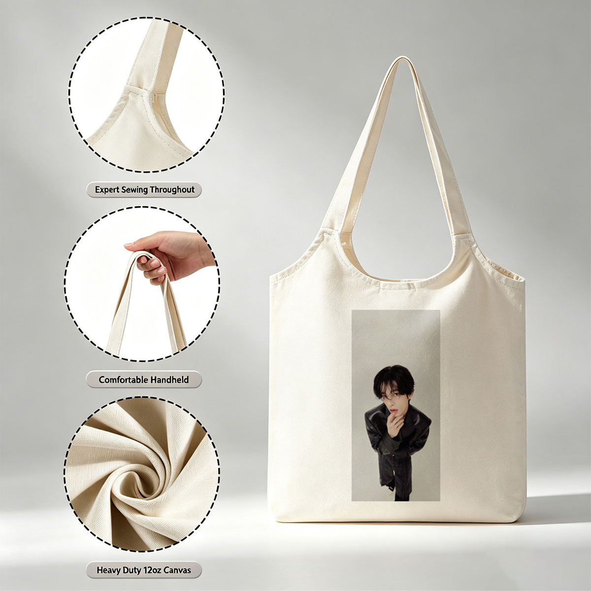 Sehun in a Stylish Black Leather Jacket Pose Against a Minimalist Background - Canvas shoulder bags/