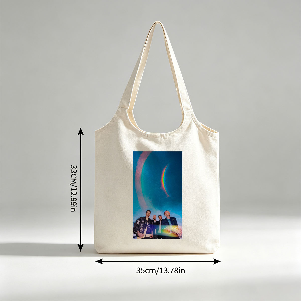 Coldplay in a Cosmic Scene with Rainbow Halo and Starry Sky Background - Canvas shoulder bags/