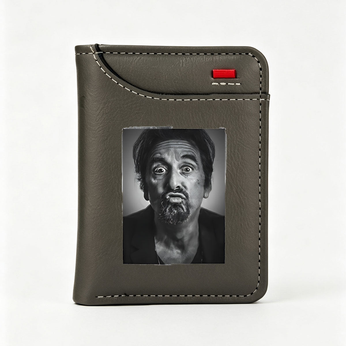 Al Pacino in a dramatic black-and-white portrait, expressing intense emotion with wide eyes and a furrowed brow. - Vertical Style Wallet