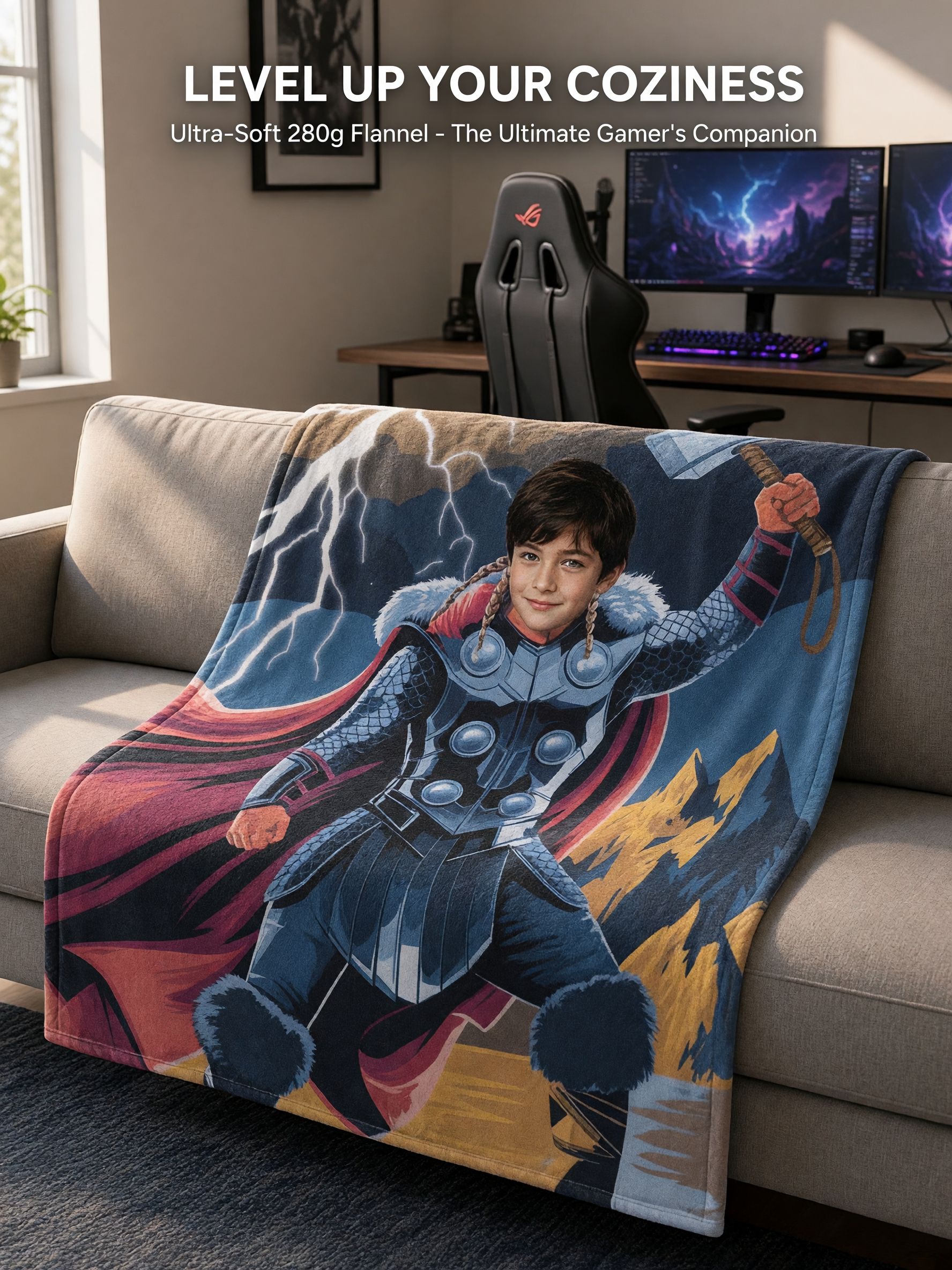 Custom Face Superhero Warrior Blanket, Personalized Photo Soft Flannel Throw, Ideal Cozy Gift for Kids and Teens