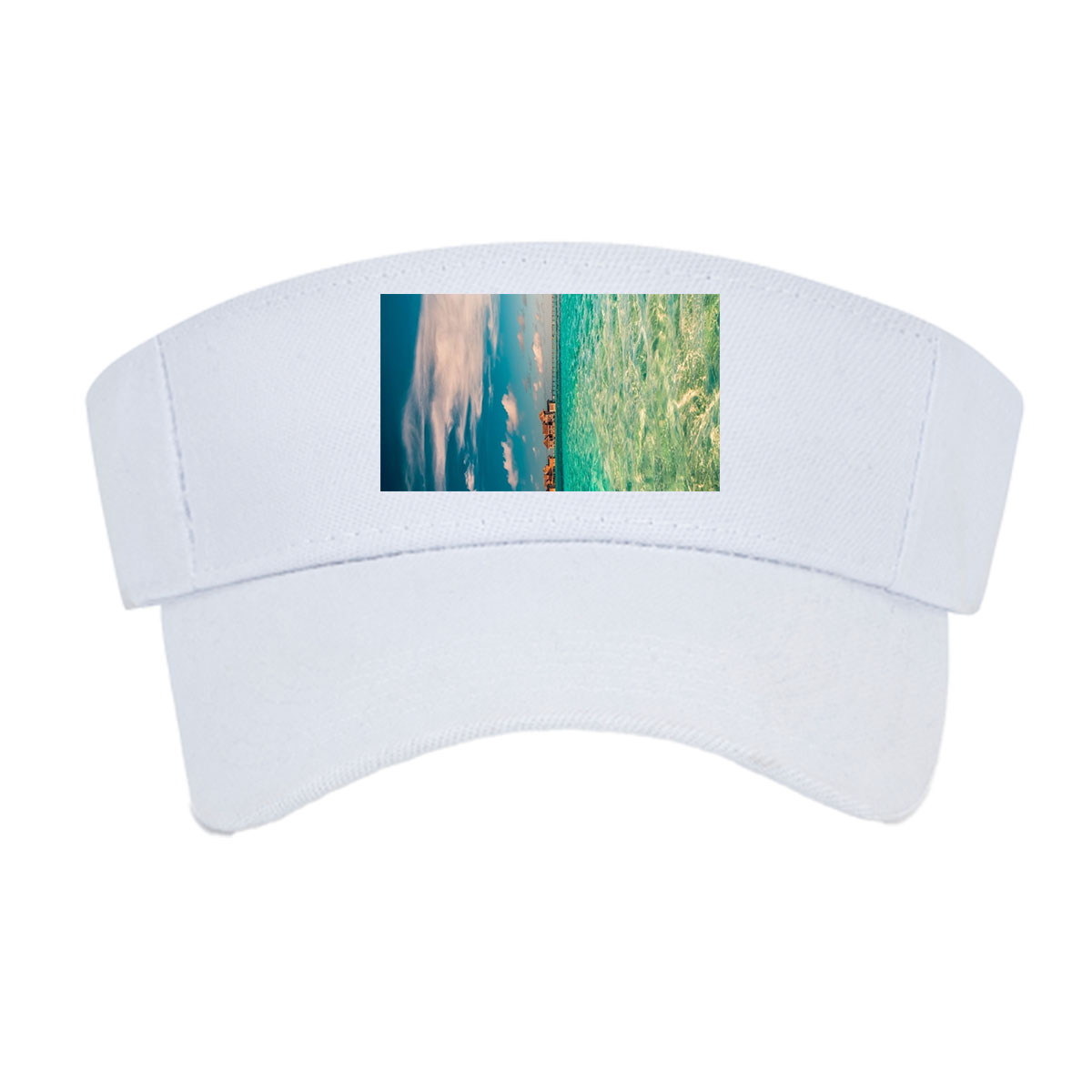 Overwater bungalows stretch into turquoise waters under a vibrant sky. -  Visor cap