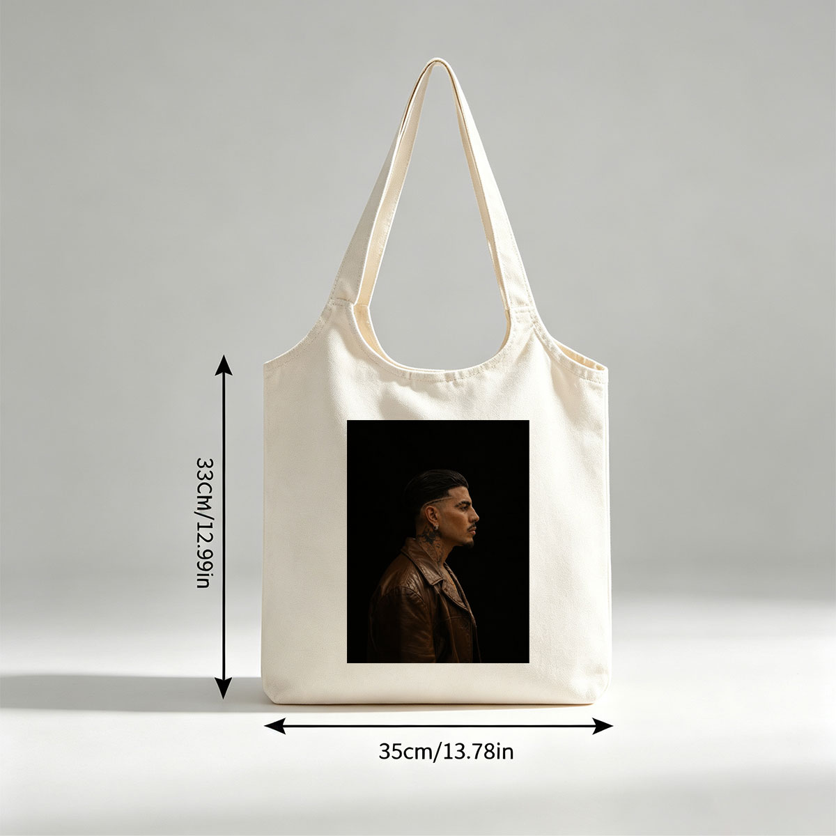 Bad Bunny in Profile Portrait Wearing Brown Leather Jacket Against Black Background - Canvas shoulder bags/