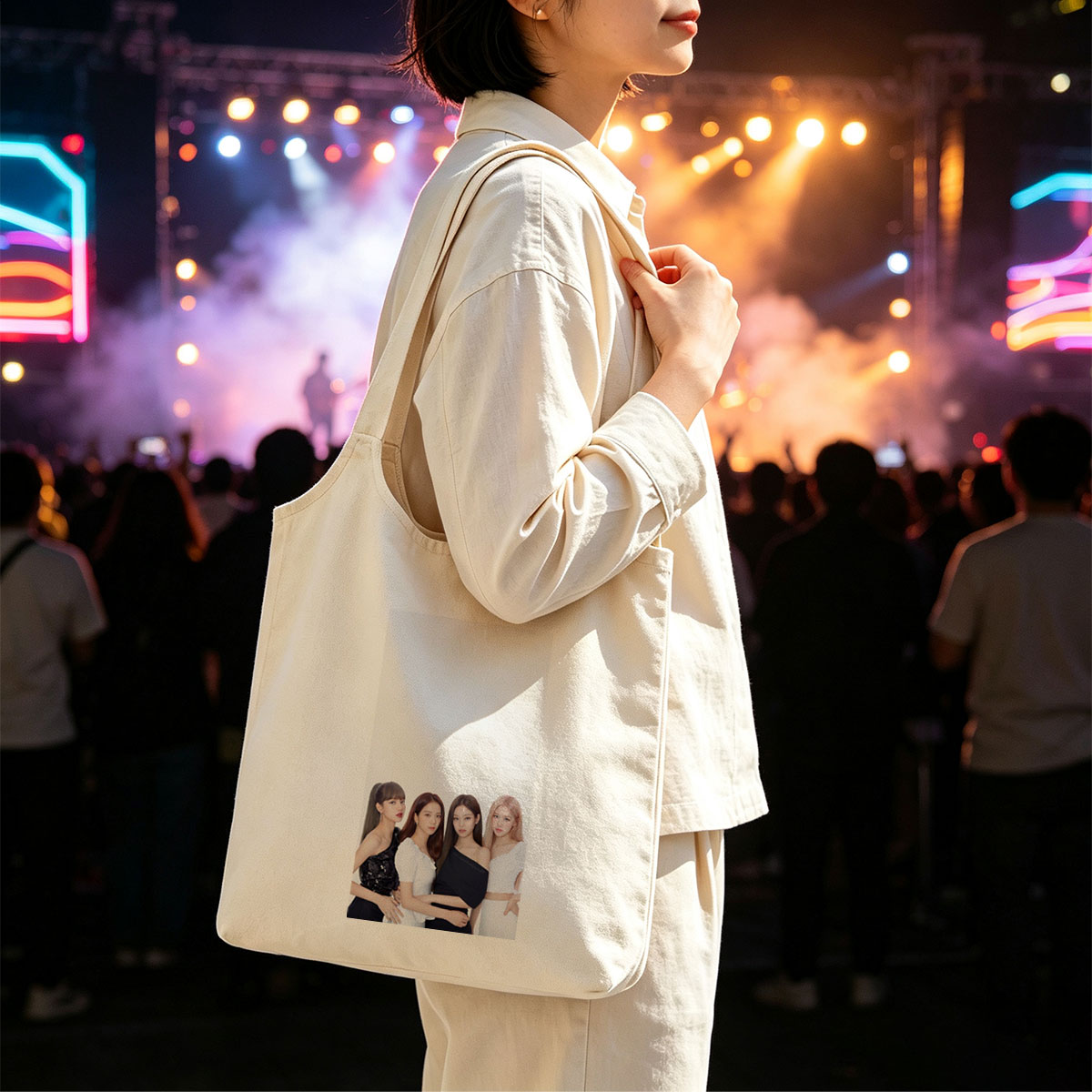 BLACKPINK Group Photo in Elegant Black and White Outfits on a Minimalist Background - Canvas shoulder bags/