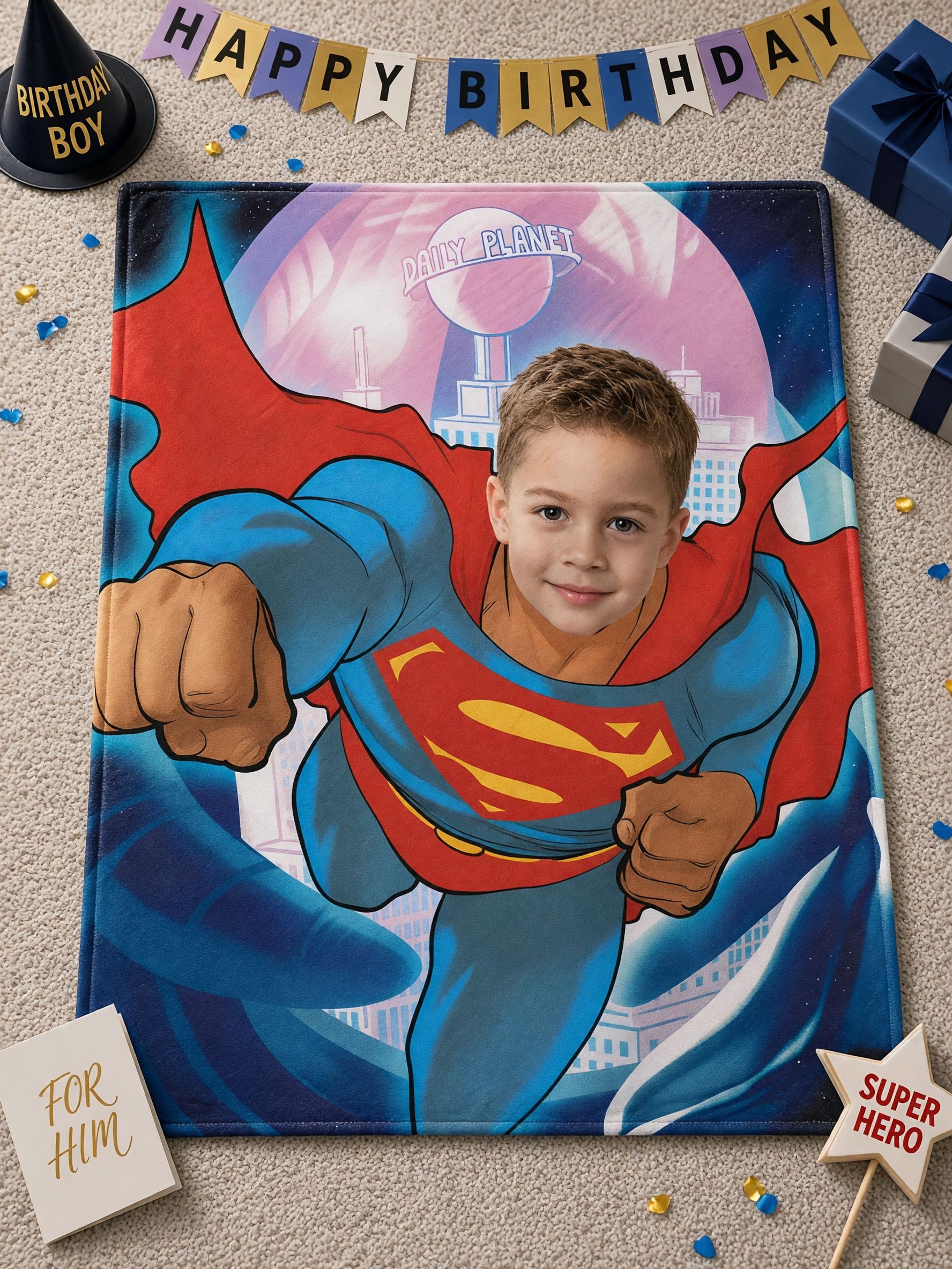 Custom Photo Superhero Flannel Fleece Blanket, Personalized Face Throw Blanket, Ultra Soft Skin Friendly Bed Couch