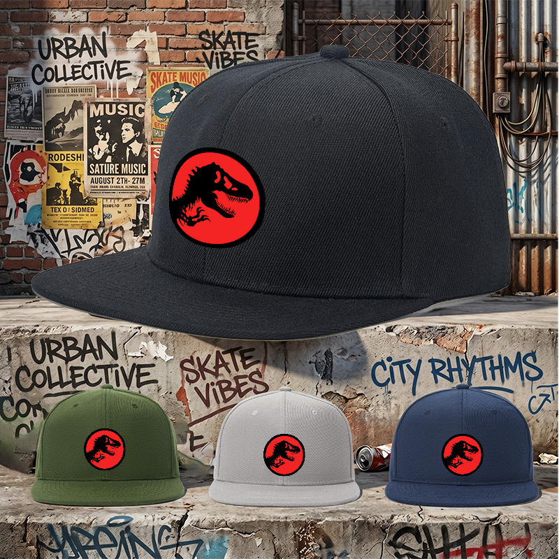 Flat Brim Baseball Cap T Rex Silhouette Red Circle Print Streetwear Underground Skate Style Basketball Court Skate Park Urban Outfit for Skaters Rappers Streetwear Enthusiasts