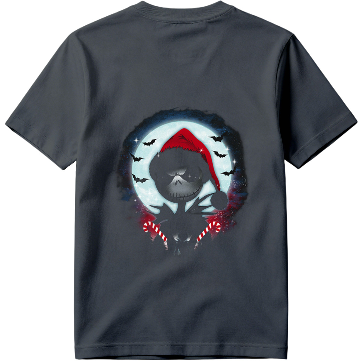 Jack Skellington in Santa Hat with Candy Canes Against Moonlit Sky - Tee